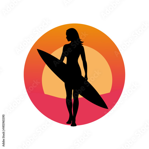 Retro girl silhouette with surfboard on seaside