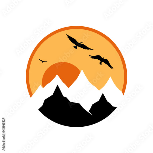 Birds flying over mountains with sun silhouette scene