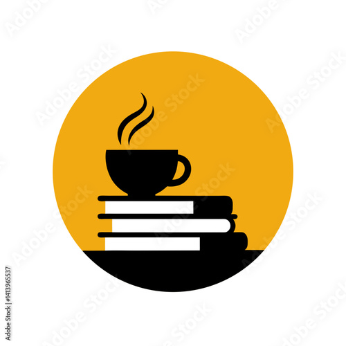 Books and tea silhouette under circular evening sun