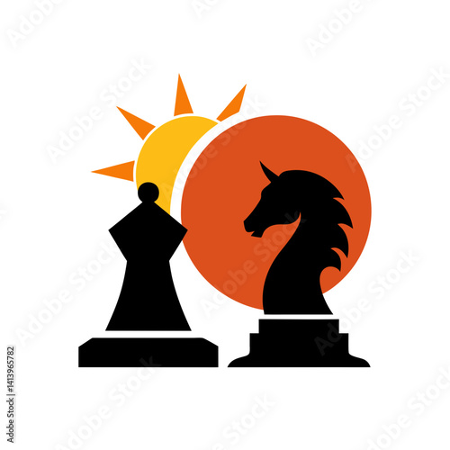 Chess Board Knight Retro Sun Silhouette