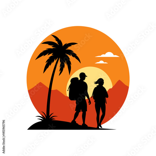 Couple Hiking Wild Sunset Silhouette
