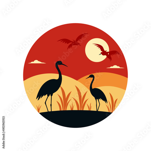 Cranes In Rice Field With Glowing Sun