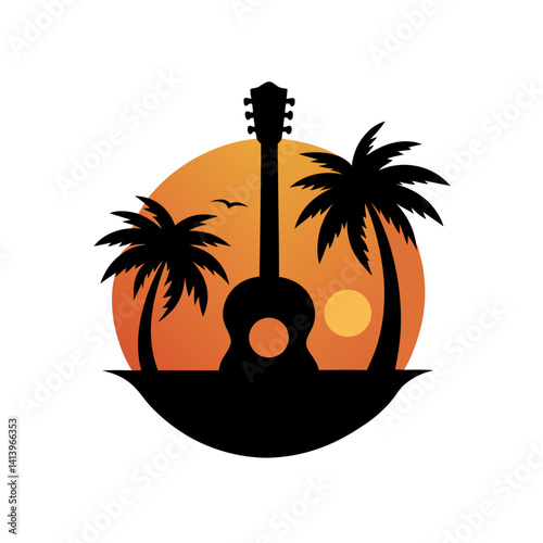 Guitar Palm Trees Sunset Silhouette