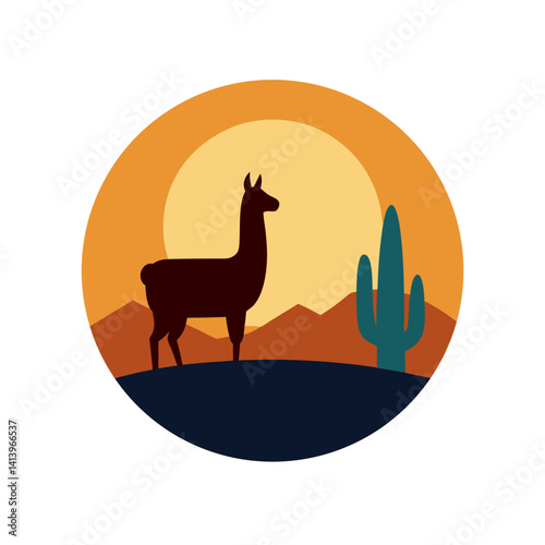 Silhouette of Llama on Hill with Cactus and Sunset Background