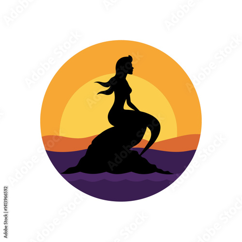 Silhouette of Mermaid Sitting on Rock with Sunset Glow