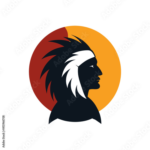Silhouette of Native American Chief in Headdress at Sunset