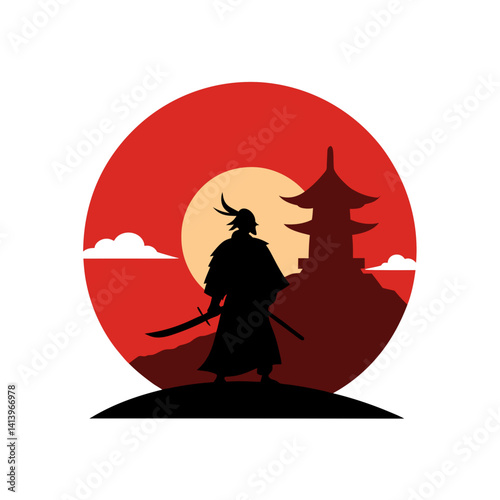 Silhouette of Samurai Warrior with Temple and Sunburst