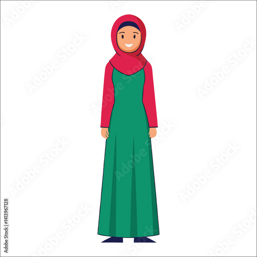 Smiling Hijab Woman Illustration – Green Dress Muslim Fashion Icon