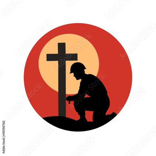 Silhouette of Soldier Kneeling at Cross with Vintage Sun