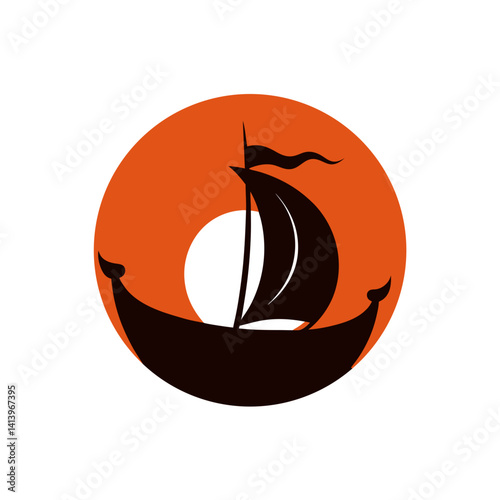 Viking Ship Sailing Into Sunset Circle