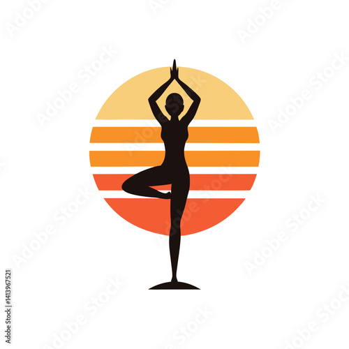 Yoga Woman Tree Pose Sunset Background