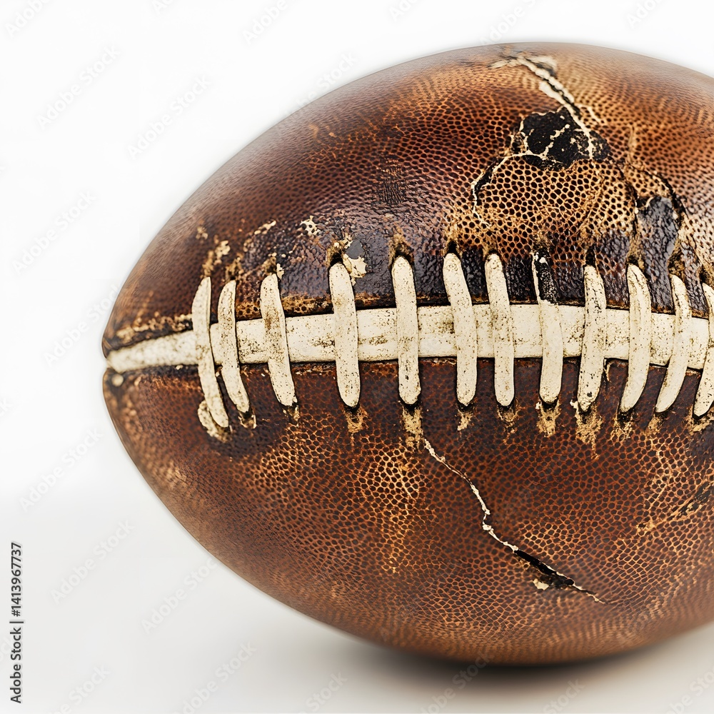Close-up shot of worn football with visible scuffs textured surface captured against white background, illustrating raw athletic detail and authentic realism in minimalist studio setting.