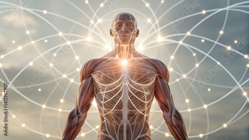 self-myofascial release fascia injury prevention A digital illustration of a human figure with visible anatomy and glowing energy connections.