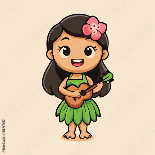 Cute Hula Girl Cartoon Character Playing Ukulele Isolated On A Beige Background