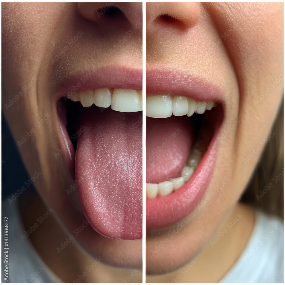 Obraz premium Woman showing her tongue before and after cleaning procedure, closeup. Tongue coated with plaque on one side and healthy on other, collage