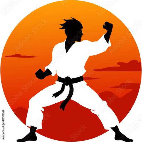 Silhouette of a karate fighter pose with sunset background vector illustration
