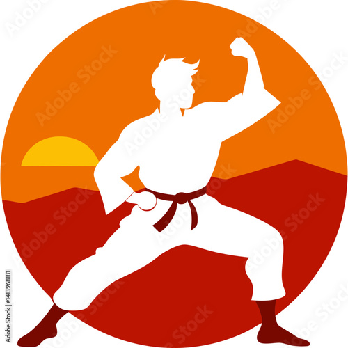 Silhouette of a karate fighter pose with sunset background vector illustration