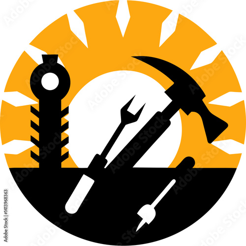 Silhouette of carpenter tools with sun background vector illustration