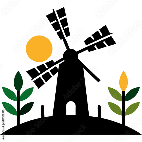 Silhouette of farmer's windmill and crops with sunset vector illustration