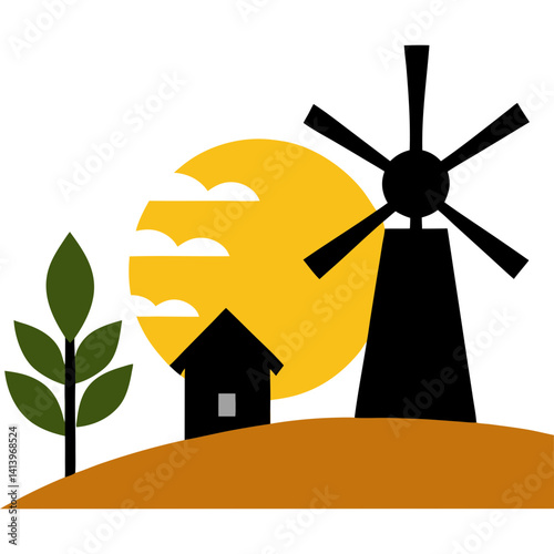 Silhouette of farmer's windmill and crops with sunset vector illustration
