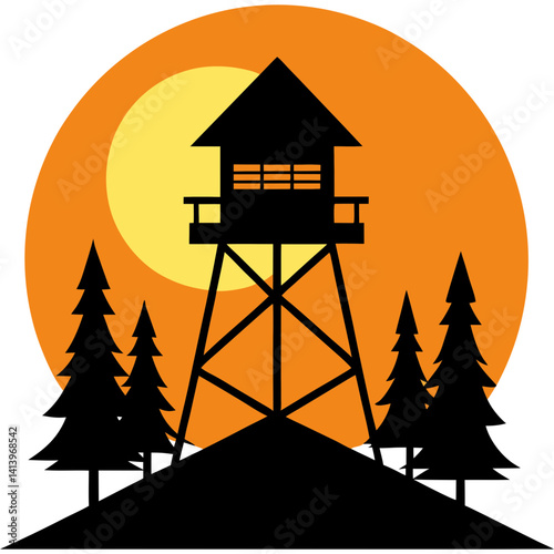 Silhouette of firewatch tower with trees and sunburst vector illustration