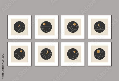 Set of trendy minimalist landscape mid century abstract art