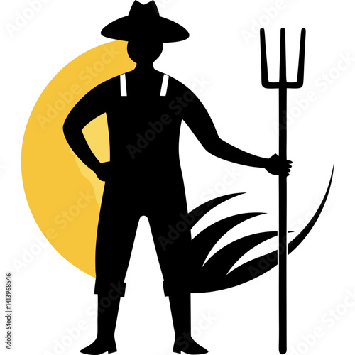 Silhouette of farmer with pitchfork and sun in background vector illustration