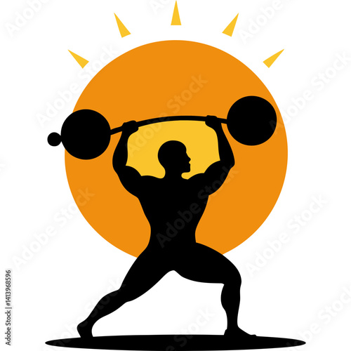 Silhouette of gym lifter lifting barbell with strong sun vector illustration