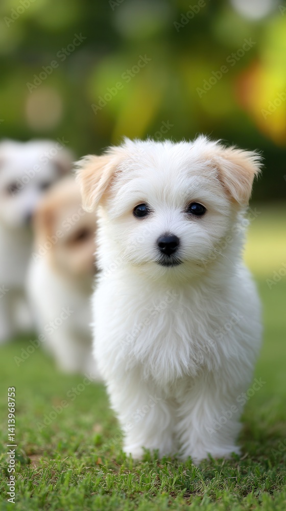 A cute, fluffy puppy stands in focus, with two other puppies blurred in the background, set against a vibrant, green backdrop.