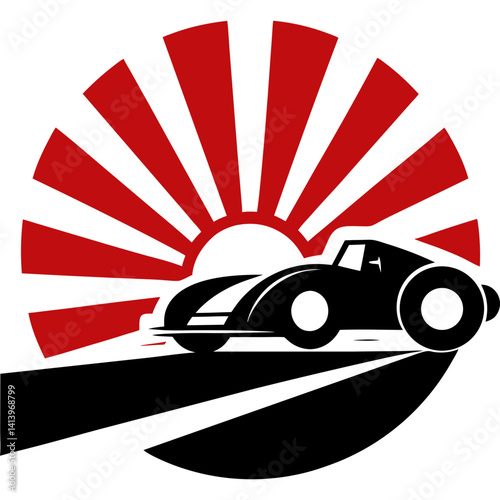 Silhouette of racing car on track with sun rays in background vector illustration