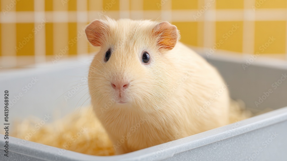 Fototapeta premium A cute, light-colored guinea pig sits in a cozy enclosure, surrounded by soft bedding, with a bright, cheerful background adding to the charming atmosphere.