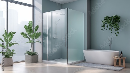Modern bathroom interior with frosted glass shower, freestanding tub, and lush plants creating a serene spa-like atmosphere