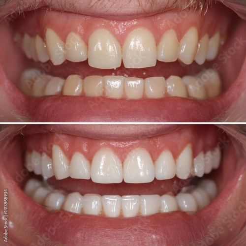 Young man before and after gingivoplasty procedure, closeup. Banner design