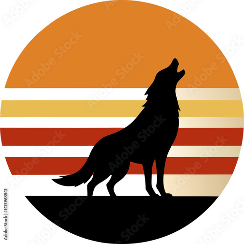 Silhouette of wolf howling at moon with vintage sunset vector illustration
