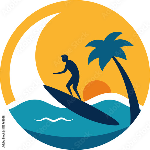 Silhouette of windsurfer on wave with tropical sun vector illustration