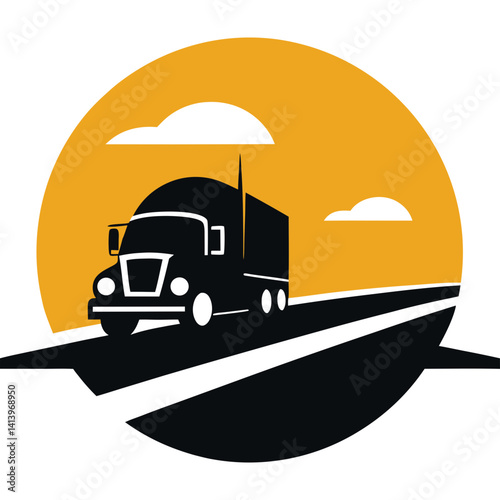 Silhouette of tractor trailer truck on road with retro sunset vector illustration