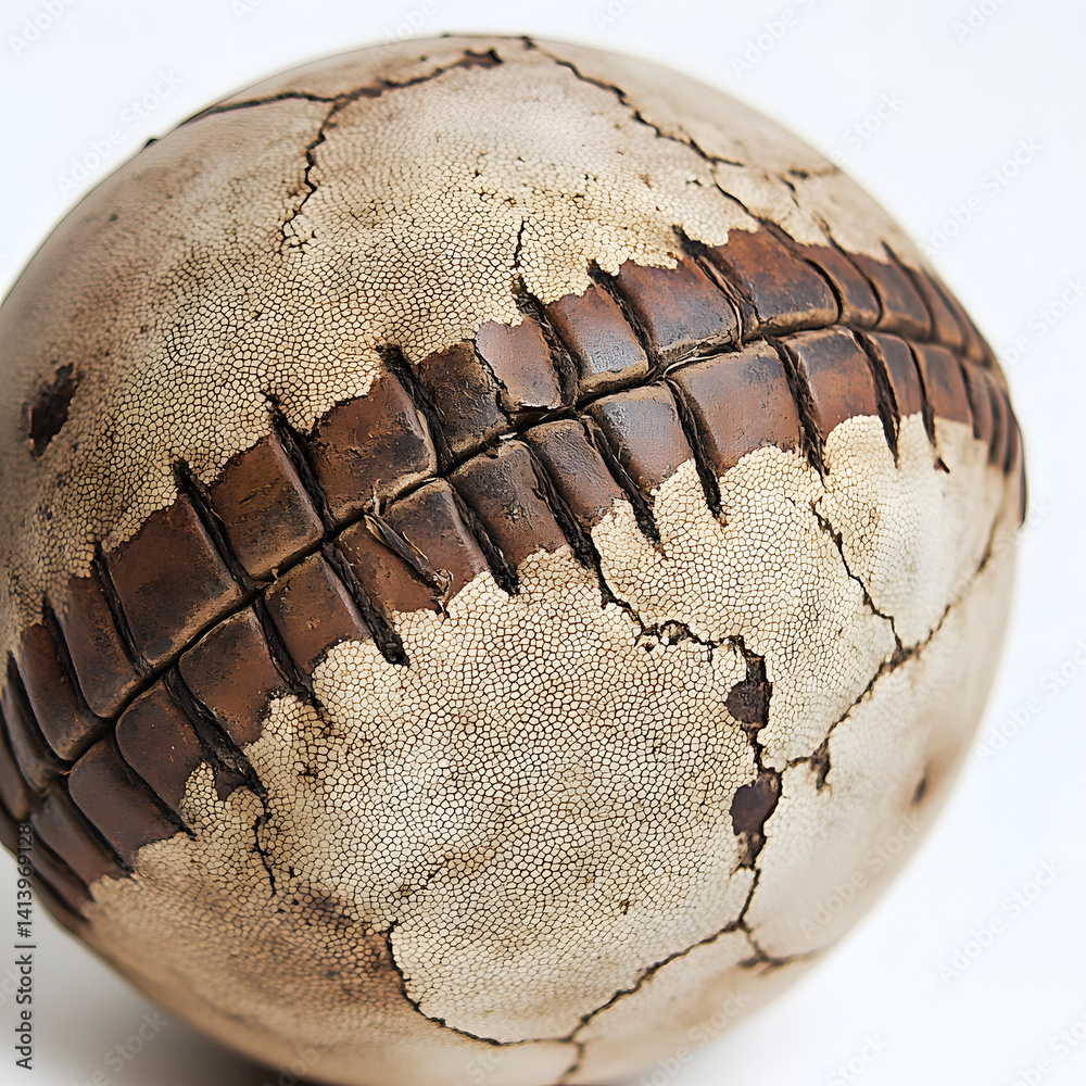 Close-up shot of worn football with visible scuffs textured surface captured against white background, illustrating raw athletic detail and authentic realism in minimalist studio setting.
