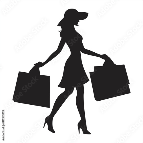 Shopping Girl Silhouette – Fashionable Woman with Bags Icon