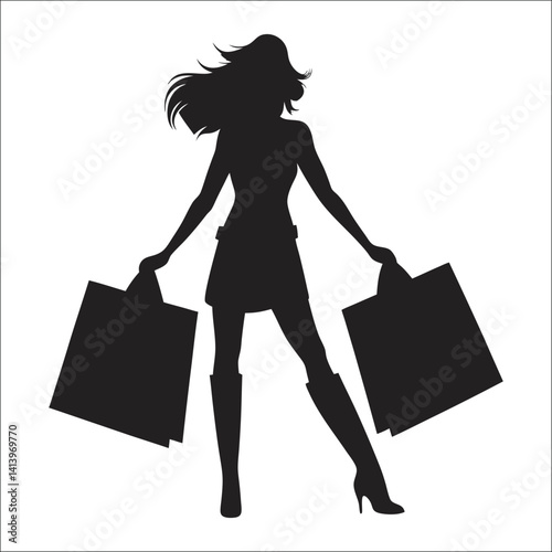 Shopping Girl Silhouette – Fashionable Woman with Bags Icon