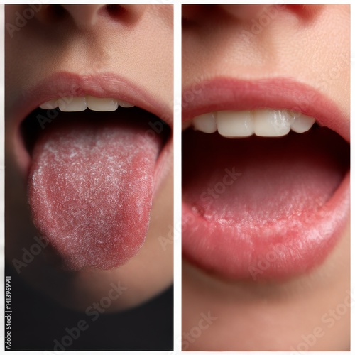 Woman showing her tongue before and after cleaning procedure, closeup. Tongue coated with plaque on one side and healthy on other, collage