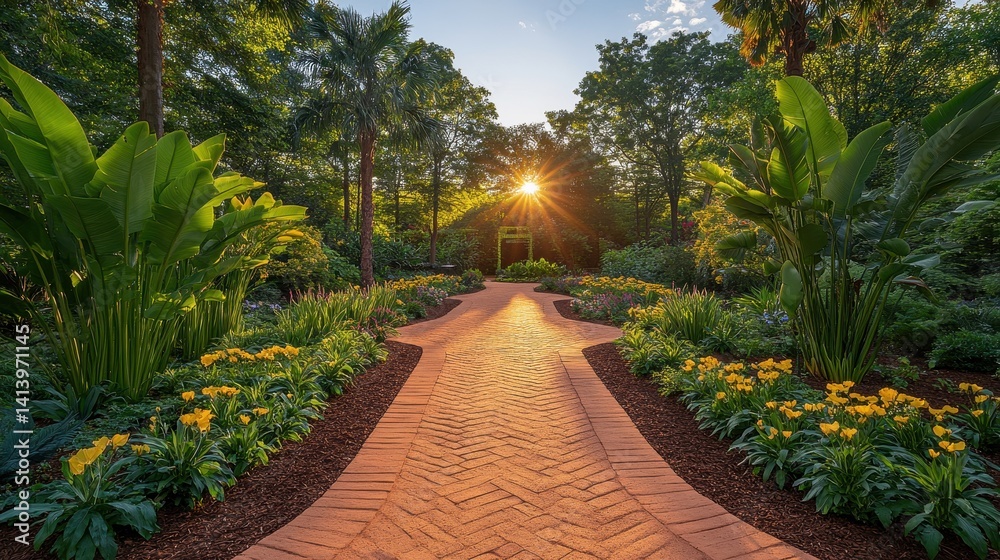 Fototapeta premium Sunlit pathway meanders through a vibrant garden at sunset.