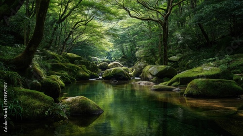 Green forest, mossy rocks in the river, Japanese landscape
