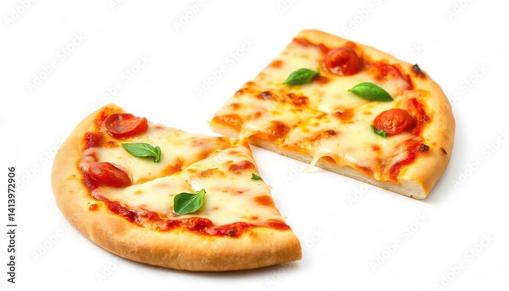 Two Delicious Slices Of Margherita Pizza On A White Background Close Up Two Delicious Slices Of Margherita Pizza On A White Background Close Up