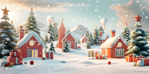 christmas, winter, snow, house, landscape, holiday, tree, xmas, illustration, season, vector, home, village, cold, night, card, snowflake, scene, cartoon, celebration, santa, new, sky, town, decoratio photo