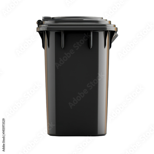 Large black plastic trash can with lid for waste disposal and garbage collection in indoor or outdoor settings, made of durable material on transparent background