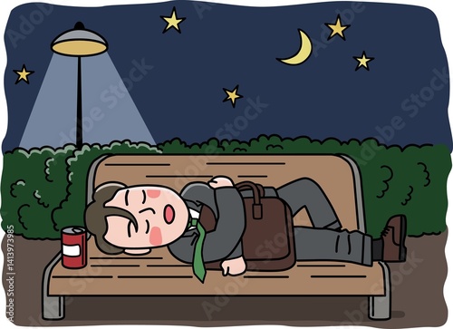 Fotografía 飲みすぎて公園のベンチで寝てしまった酔っ払いサラリーマンのイラスト