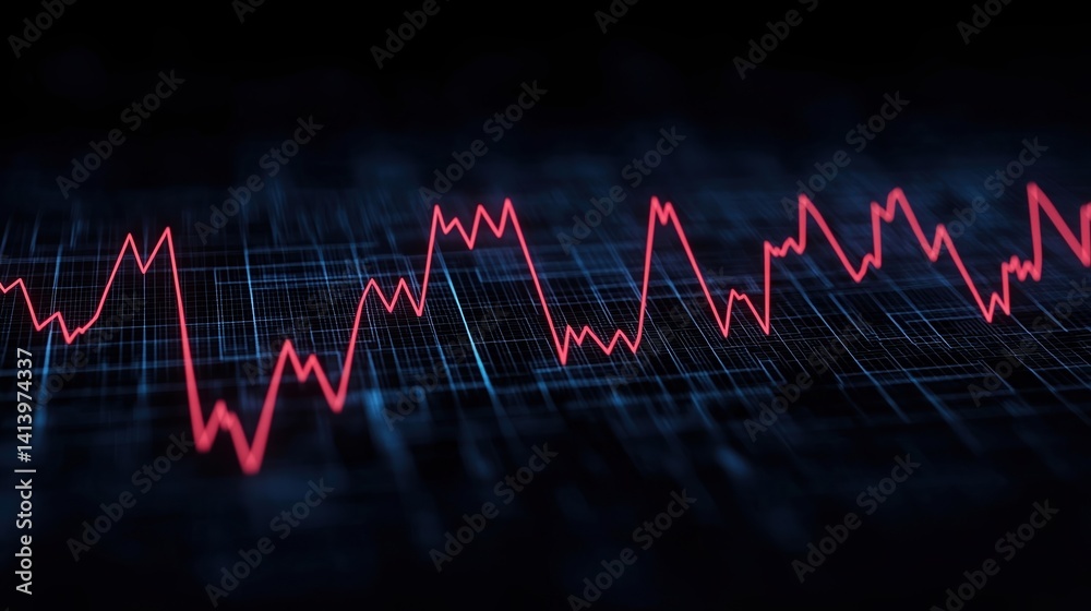 Fototapeta premium A dynamic, digital graph displays fluctuating red lines on a dark background, representing data trends or market analysis.