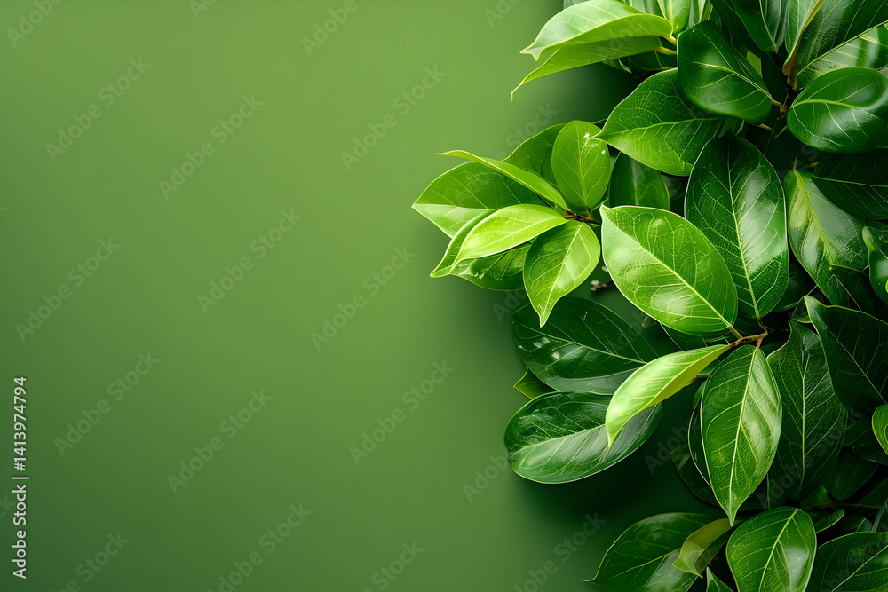 Fototapeta premium Lush green leaves against a backdrop of vibrant emerald color