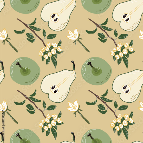 Seamless Pattern Featuring Pears, Flowers, and Leaves in a Natural Aesthetic. Seamless pattern showcasing hand-drawn pears, floral elements, and branches. Perfect for textiles, home decor, or creative