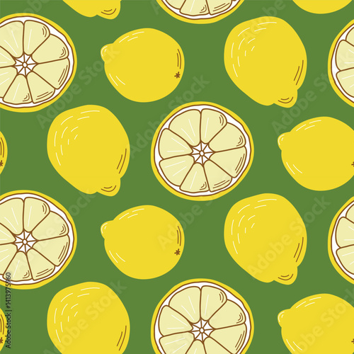Seamless Pattern of Yellow Lemons on a Green Background. Illustration featuring a repeating pattern of yellow lemons and lemon slices over a green background, symbolizing freshness and natural 